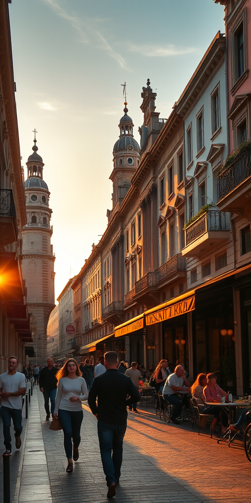 Capture a vibrant street scene in a historic city during golden hour, with ornate architecture lining the street and people enjoying outdoor cafes, using a DSLR camera with a 24mm lens, aperture set to f/8 for depth of field, ISO 200 for clarity, shutter speed at 1/250s to freeze motion, wide-angle view for an expansive perspective.