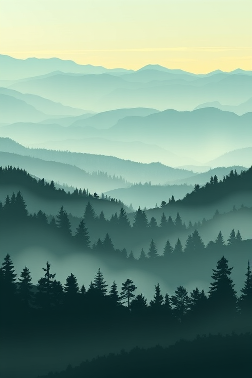 Generate a digital landscape illustration of a misty forest silhouette with layered mountains in the background, using a soft color palette of greens and blues, captured with a DSLR camera at f/8 aperture, ISO 100, 50mm lens, shot from a low angle perspective, with a soft focus effect for enhanced depth.