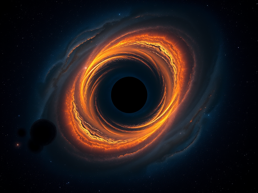 Astrophotography of a black hole with an accretion disk, focus on vibrant blues and oranges, shot with a Canon EOS R5, 50mm lens, f/2.8 aperture, 1/1000 sec shutter speed, ISO 400, wide-angle view to capture the galaxy backdrop.