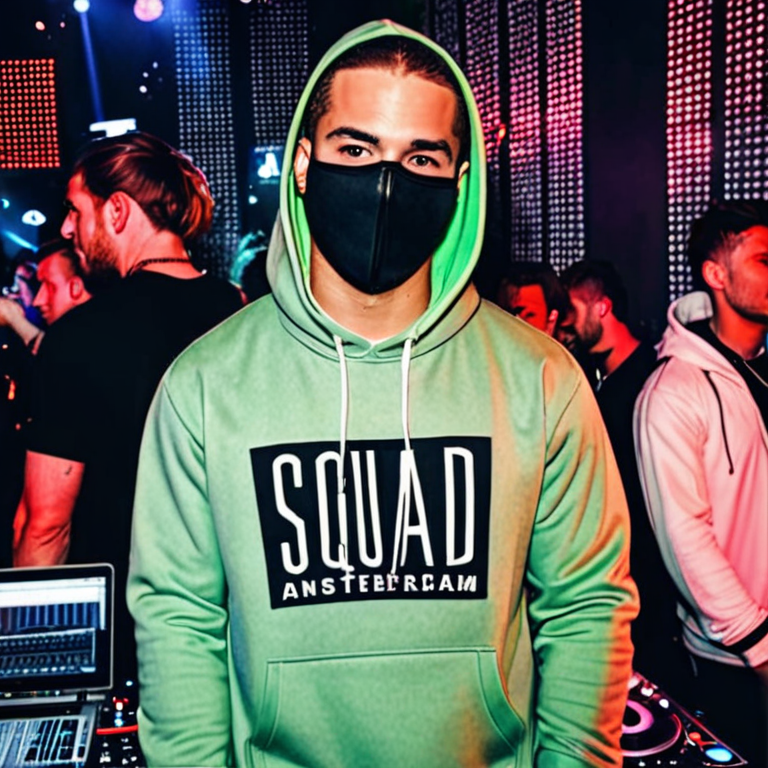 dj with masker and hoodie in squad amsterdam in a club