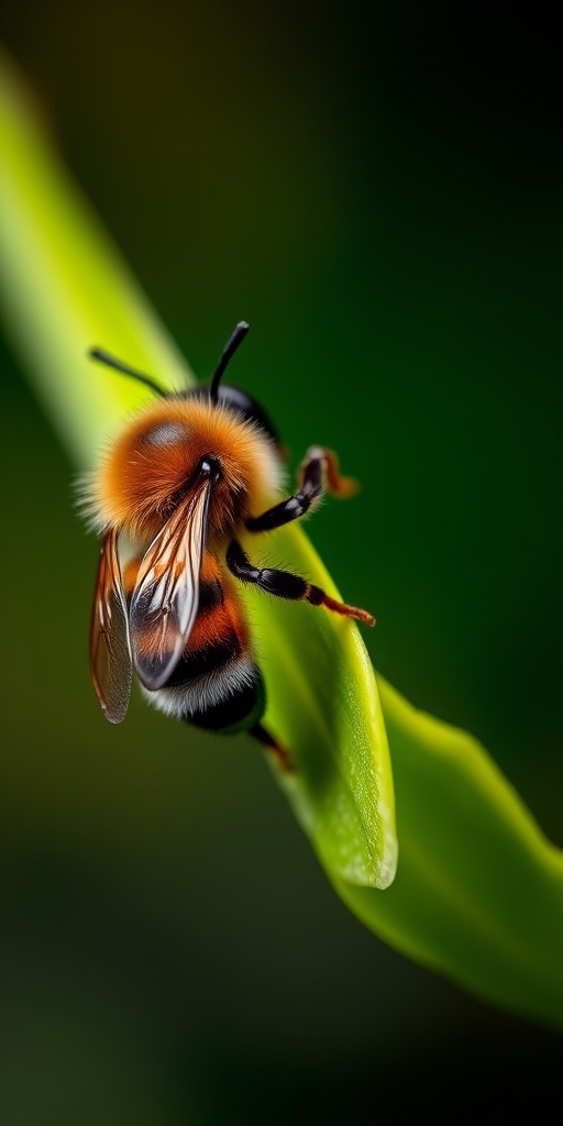 Capture a close-up macro photograph of a bee perched on a green leaf, with a shallow depth of field to blur the background, using a Canon EOS 5D Mark IV with an EF 100mm f/2.8L Macro IS USM lens, aperture set at f/2.8, shutter speed at 1/250 sec, ISO 200, natural lighting.
