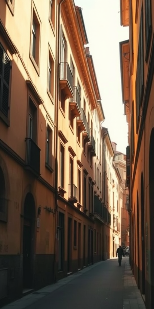 regenerate a high-resolution image of a narrow street lined with historical buildings in warm tones during daylight, using a DSLR camera with a 24mm lens, aperture f/8, ISO 100, 1/200s shutter speed, capturing a wide-angle perspective with natural lighting to enhance details and vibrancy.