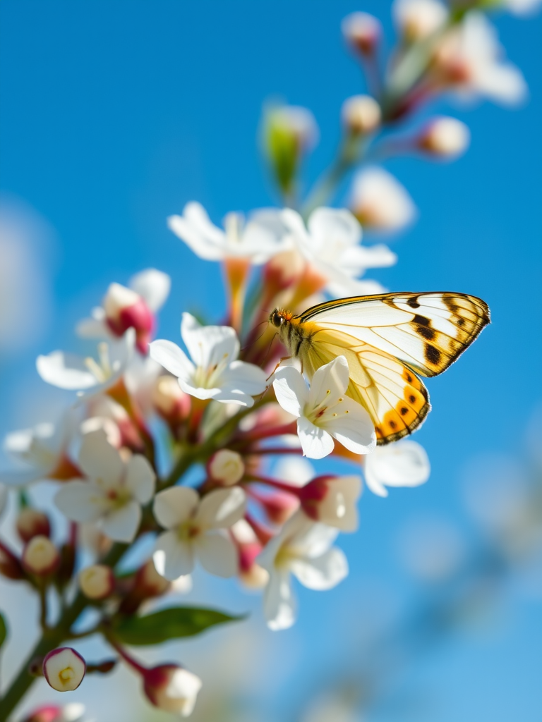Close-up of white flowering plant with a butterfly perched on it, bright blue sky in the background, use a DSLR camera, f/2.8 aperture, 1/1000 shutter speed, ISO 200, macro lens, shallow depth of field for enhanced focus on the details of the flower.
