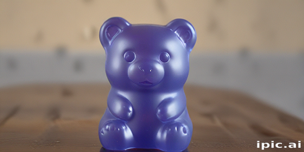 A Cute Purple Gummy Bear Sitting on a Wooden Surface Display.