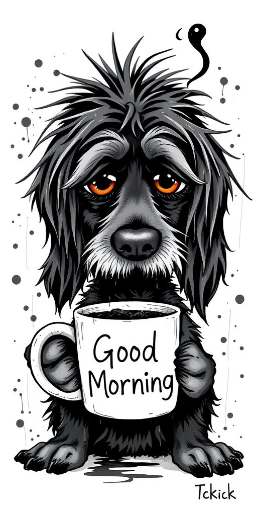 A quirky, artistic illustration of a disheveled field spaniel dog breed with exaggerated, large eyes and spiky fur, holding a coffee mug that reads "Good Morning". The dog has a tired but humorous expression, with ink splatters and abstract details surrounding it, giving a whimsical feel to the image. The color palette is mostly monochrome with hints of black in the eyes and steam rising from the mug, enhancing the overall sleepy vibe
