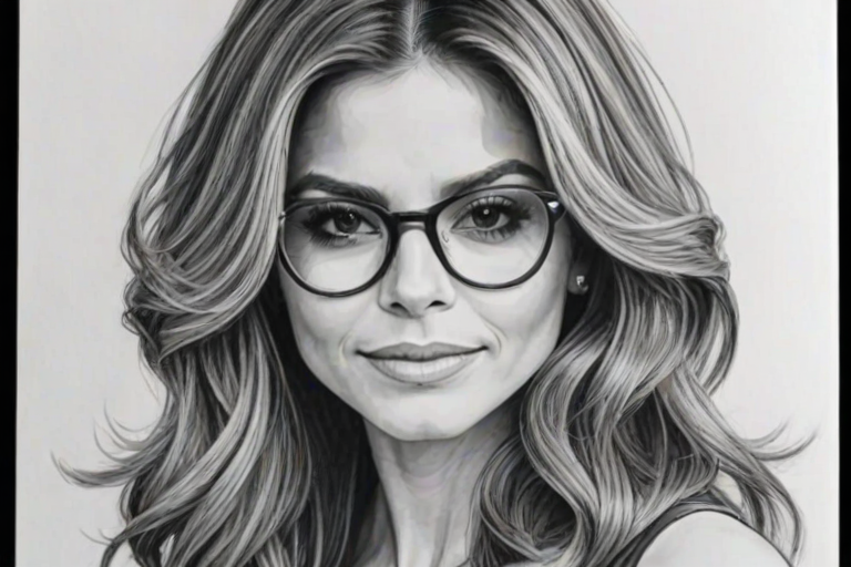 Fascinating Maria Menounos, pencil sketch, portrait of Stunning woman 1975s in glasses, hair style beatnik, outline, clear lines, fine lines, 8k