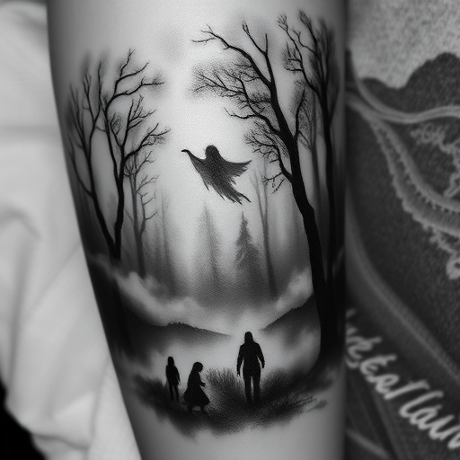 Atmospheric black and gray tattoo called "Misty Reverie" depicting a ethereal forest scene with ghostly figures and swirling mist, utilizing soft gradients and negative space for a haunting effect