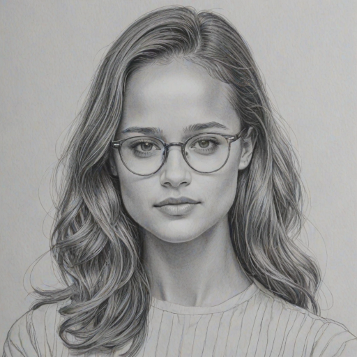 Enticing Alicia Vikander, pencil sketch, portrait of Enticing woman 1966s in glasses, hair style beatnik, outline, clear lines, fine lines, 8k