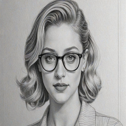 Splendid Lili Reinhart, pencil sketch, portrait of Fetching woman 1940s in glasses, hair style beatnik, outline, clear lines, fine lines, 8k
