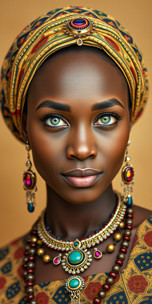 Create a portrait of a beautiful Igbo woman with striking green eyes and a gentle expression. She is adorned in traditional attire with intricate patterns, including a richly embroidered headscarf and matching garments. Her jewelry includes a delicate headpiece, dangling earrings, and ornate bracelets, all featuring vibrant gemstones and detailed metalwork. The background is soft and warm, enhancing the rich colors of her outfit and jewelry.