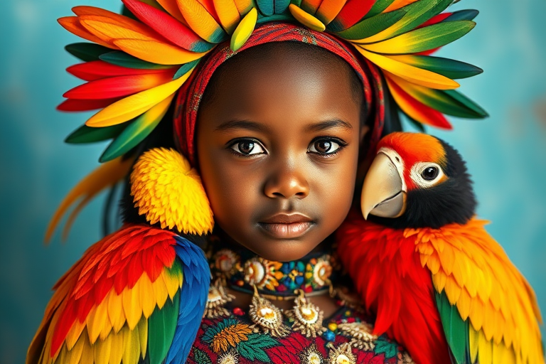 A beautiful Cape Verdean girl, wearing colorful bird clothing with vibrant colors
