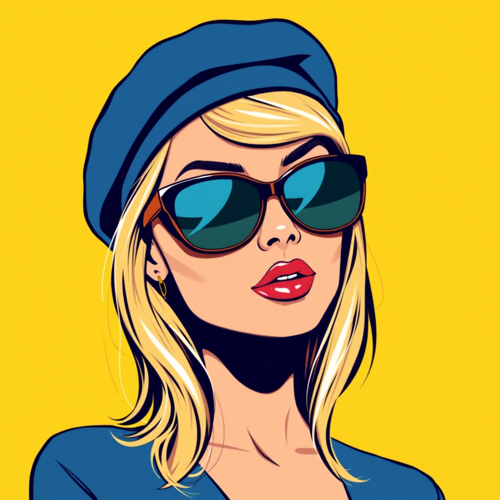 a retro-inspired illustration of a stylish woman with blonde hair wearing a blue beret and large sunglasses, vibrant yellow background, sharp focus, F/8 aperture, ISO 100, 50mm lens, studio lighting, high contrast