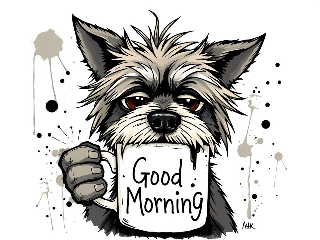 A quirky, artistic illustration of a disheveled bossie dog breed with exaggerated, large eyes and spiky fur, holding a coffee mug that reads "Good Morning". The dog has a tired but humorous expression, with ink splatters and abstract details surrounding it, giving a whimsical feel to the image. The color palette is mostly monochrome with hints of black in the eyes and steam rising from the mug, enhancing the overall sleepy vibe