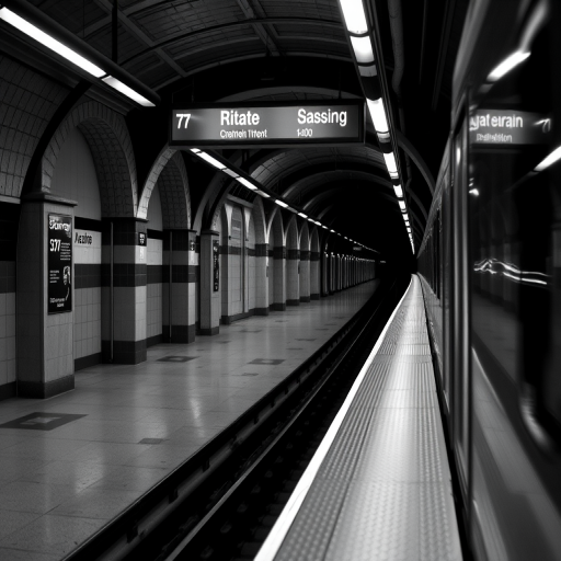 Capture a high-quality black and white image of a subway platform with a low-angle perspective, using a DSLR camera at f/8, ISO 400, shutter speed 1/60s, lens focal length 24mm, with a wide shot to emphasize the architecture and train details.