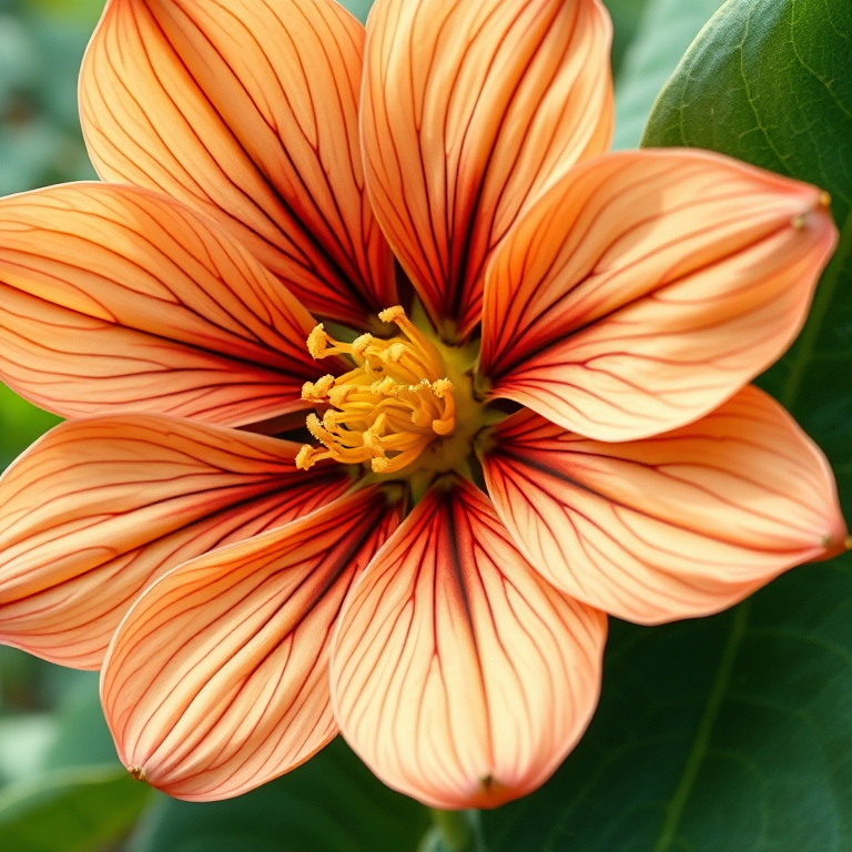 Create a vibrant illustration of a large flower with intricate petals in peach and brown shades, accompanied by lush green leaves, captured in a macro shot using a DSLR camera with a 50mm lens at f/2.8, ISO 100, and a shallow depth of field to enhance detail and clarity.