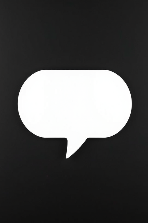 Create a clean and minimalistic speech bubble on a solid black background, using a Canon EOS R5 camera with a 50mm lens at f/2.8, ISO 100, and a shutter speed of 1/125s, capturing a clear and crisp image focused on the speech bubble from a straight-on view.