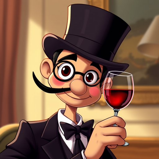 Create a high-resolution digital illustration of a sophisticated cartoon character with a top hat and monocle, elegantly holding a glass of red wine, captured with a 50mm lens, at f/1.8 aperture, using a soft focus style in a well-lit environment to enhance details and contrast.