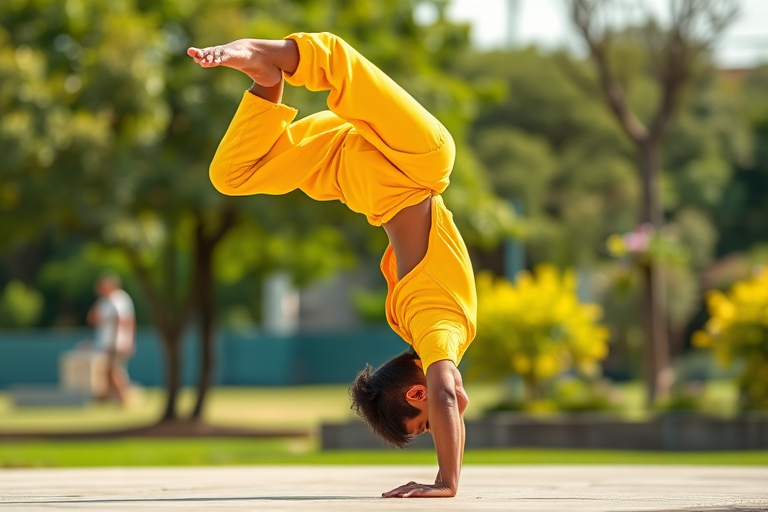 Create a high-resolution image of a person wearing a yellow outfit performing a handstand on one hand, captured with a DSLR camera at f/2.8, 1/1000s shutter speed, ISO 200, in a bright outdoor setting with a shallow depth of field for a blurred background.