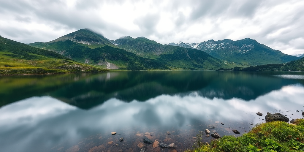 Generate a serene landscape of a mountainous lake with lush greenery around the shore, capturing the reflection of the mountains in the water, shot with a DSLR camera at f/8 aperture, 1/200 shutter speed, ISO 100, 24mm lens, in natural lighting during overcast weather.
