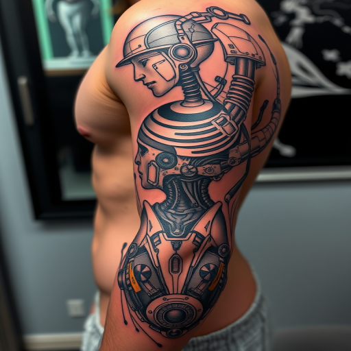 Futuristic biomechanical tattoo titled "Cybernetic Fusion" combining elements of human anatomy with mechanical components in a seamless and intricate design that appears to reveal the inner workings of a cyborg beneath the skin, utilizing a mix of realistic shading and geometric patterns to create a striking contrast between organic and artificial elements