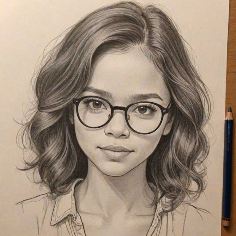 Superb Jenna Ortega, pencil sketch, portrait of Charming woman 1979s in glasses, hair style beatnik, outline, clear lines, fine lines, 8k
