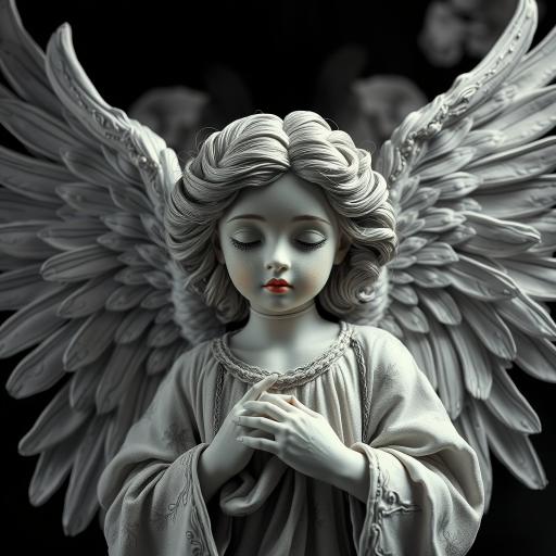 An angel, crafted in the unique style of Folk Art, as she unfolds herself against an ethereal backdrop, her wings softly billowing, face radiating a heavenly glow, every curl in her strikingly serene countenance finely brushed, monochrome, detailed techniques, ultra fine, breathtaking surreal masterpiece