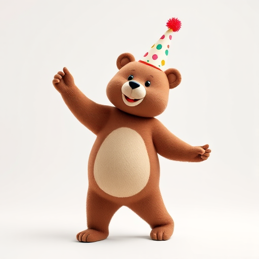 Generate a 3D render of a cartoon bear wearing a party hat dancing with a neutral human figure in a bright white studio setting with soft lighting, using a DSLR camera with a 50mm lens, aperture f/2.8, shutter speed 1/125, ISO 100 for a shallow depth of field and vibrant colors.