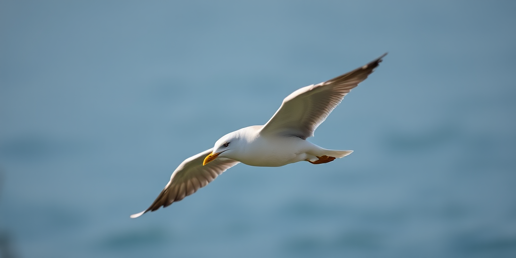 captivating shot of a seagull in flight, taken with a Canon EOS 5D Mark IV, 70-200mm lens, f/4 aperture, ISO 200, 1/1000s shutter speed, natural light, shallow depth of field, clear background for enhanced focus on the bird