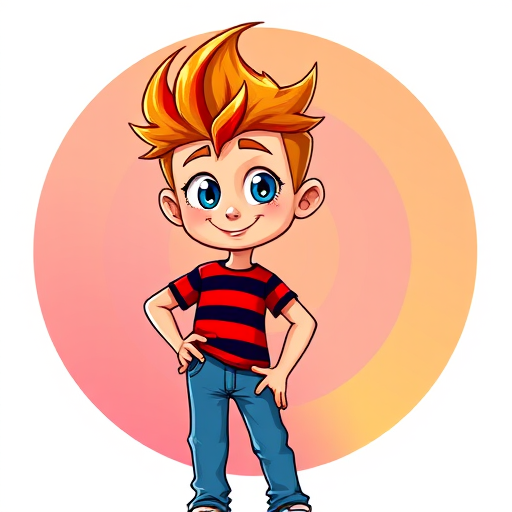 Create a vibrant cartoon character of a boy with orange spiky hair, big blue eyes, wearing a red and black striped shirt and blue jeans, confidently posing with one hand on his hip, against a colorful circular background, using a DSLR camera with a 50mm lens, aperture set to f/2.8, ISO 100, and a vibrant color profile to enhance image quality.