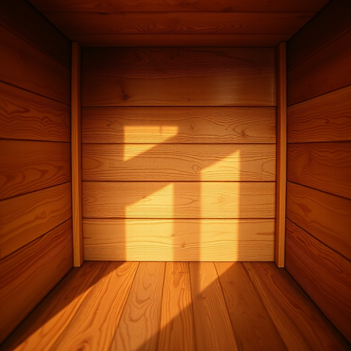 Generate a high-resolution image of a wooden box interior with evenly spaced, smooth wooden planks, soft warm lighting creating gentle shadows, captured with a DSLR camera at f/8 aperture, ISO 200, 24mm lens, using a low angle view for depth and detail enhancement.