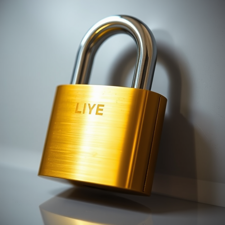 Create a highly detailed and realistic image of a gold padlock with a shiny metallic finish, using a DSLR camera, 50mm lens, aperture f/2.8, ISO 100, and 1/200 sec shutter speed, shot from a slightly elevated angle with soft natural lighting to emphasize reflections and textures.
