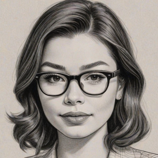 Resplendent Miranda Cosgrove, pencil sketch, portrait of Sublime woman 1937s in glasses, hair style beatnik, outline, clear lines, fine lines, 8k