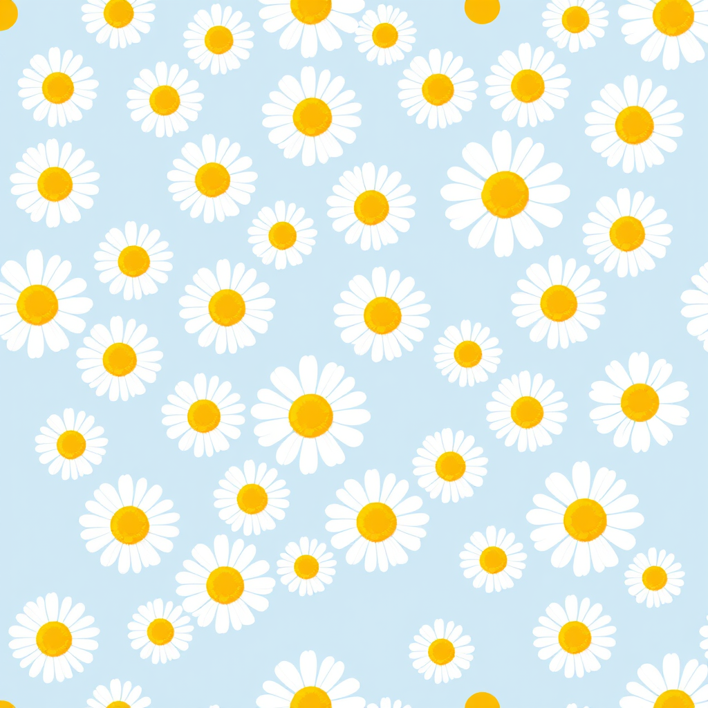 Create a seamless pattern featuring a light blue background filled with white daisies. Each daisy should have a bright yellow center and a simple, clean design. The flowers should be evenly spaced, creating a harmonious and cheerful floral pattern.