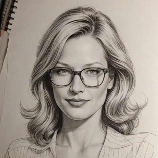 Dazzling Joey Lauren Adams, pencil sketch, portrait of Dazzling woman 1973s in glasses, hair style beatnik, outline, clear lines, fine lines, 8k