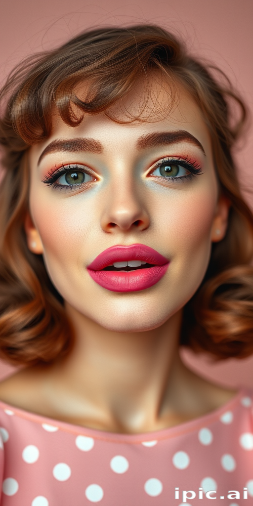 Whimsical pastel pink lips with a matte finish, adorned with delicate white polka dots, creating a playful and feminine look in a retro-inspired portrait