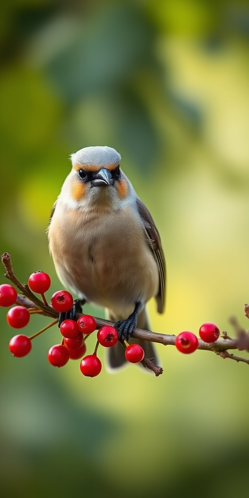 Capture a close-up image of a cedar waxwing perched on a branch with red berries, soft focus background, natural lighting, ISO 200, aperture f/4, shutter speed 1/200s, DSLR camera, 85mm lens.