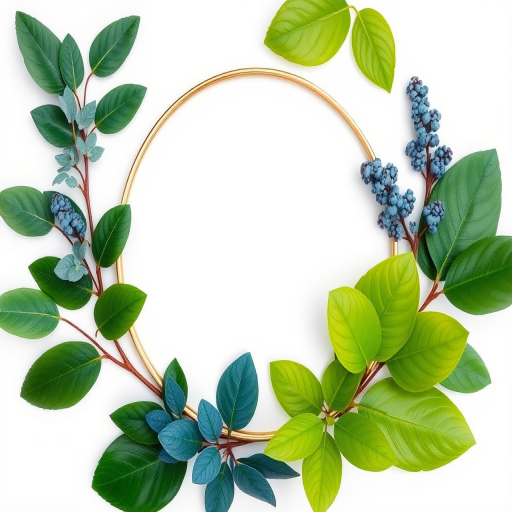 Create a botanical frame featuring green and blue leaves with a gold circular border and a blank white center, shot with a Canon EOS R5, 50mm lens, f/2.8 aperture, ISO 100, in natural light, using a clean, minimalist flat lay style.