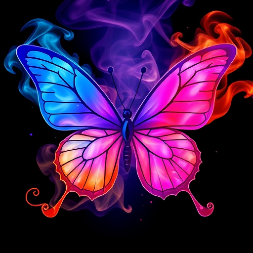 Create a vibrant and colorful butterfly design using swirling smoke patterns in shades of blue, purple, pink, and orange. The wings should be intricately detailed with flowing, ethereal shapes that evoke a sense of movement and grace.