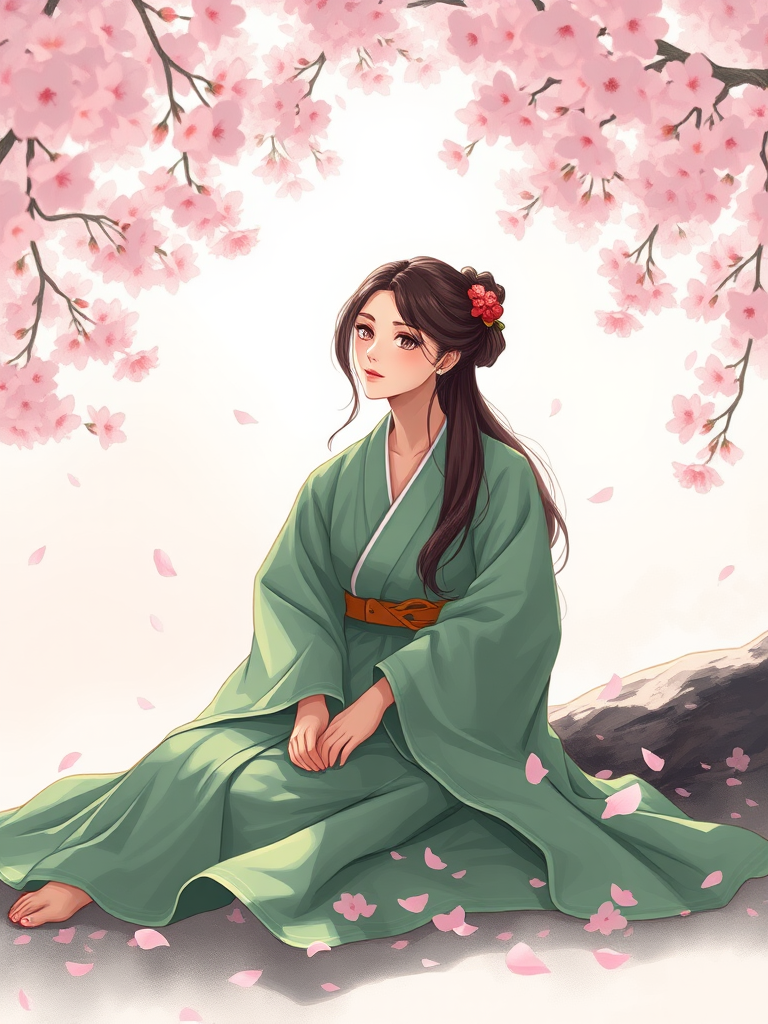 Create a serene illustration of a woman in flowing green robes sitting beneath cherry blossoms, with petals falling around her, captured in soft pastel colors, using a digital painting style with high resolution, focus on smooth shading and gentle contrasts, simulate a DSLR effect with an aperture of f/2.8 for a shallow depth of field, and a 50mm lens for clarity and detail in the subject.
