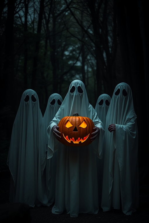 A group of ghostly figures in white sheets with eye holes standing in a dark forest holding a carved pumpkin with a menacing face, creating an eerie Halloween atmosphere.