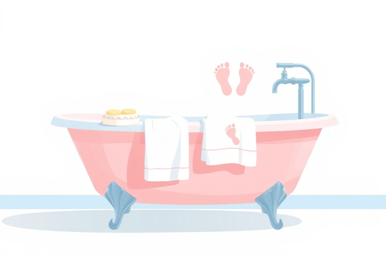 A minimalist illustration of a pink bathtub with a light blue rim and a towel with baby feet printed on it hanging from the faucet, captured with a DSLR camera at f/2.8, 35mm lens, in a soft focus style with natural lighting.