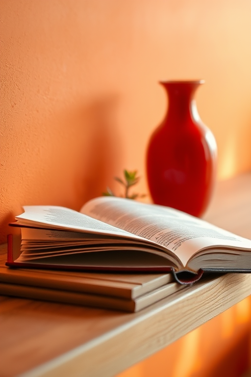 open book on a wooden shelf with a red vase and a small plant in front of an orange wall, natural light, shallow depth of field, f/2.8, 50mm lens, DSLR camera, soft focus background