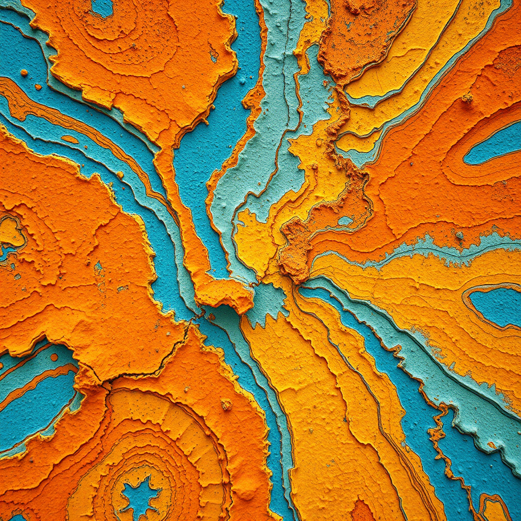 create a textured abstract composition featuring vibrant orange, blue, and yellow hues with layered patterns resembling weathered surfaces, captured with a DSLR camera at f/8 Aperture, ISO 200, 50mm lens, top-down view, natural light.