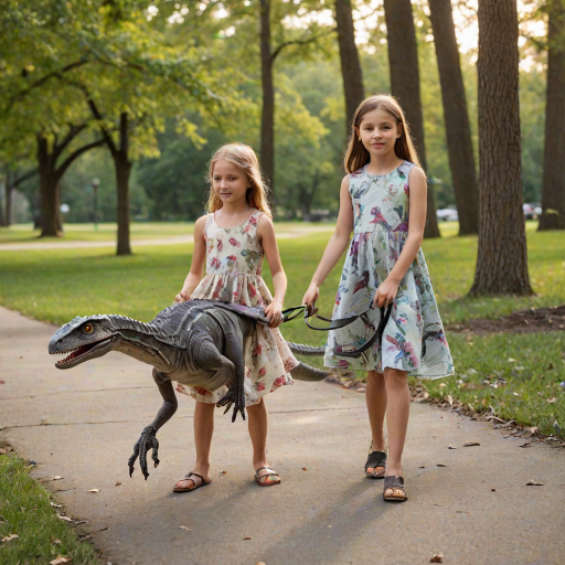 9 year old girl in a dress walking her pet Velociraptor on a leash through a park