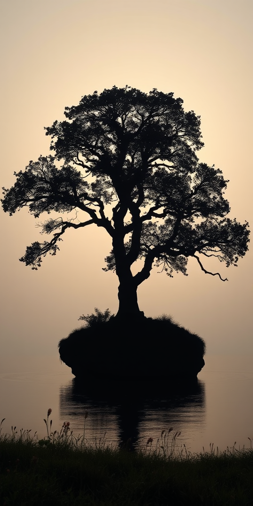 A silhouette of a large tree on a small island with grass and flowers around it, captured in high resolution with a DSLR camera, aperture f/2.8, ISO 100, 50mm lens, soft diffused lighting for a serene atmosphere.