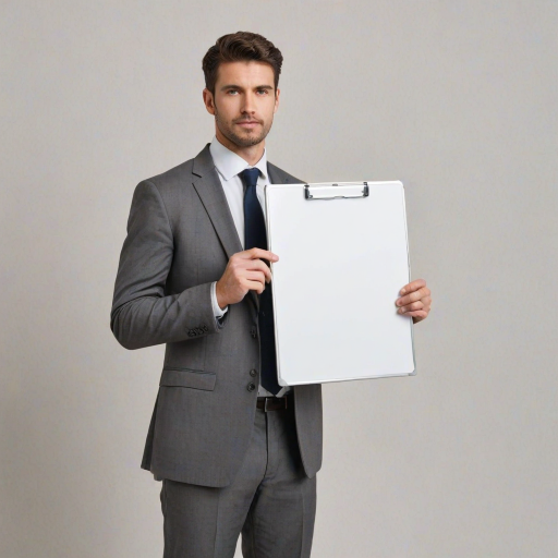 Create an image of a professional individual in a business suit, holding a large blank whiteboard in front of their face. The background should be neutral to emphasize the person and the blank board. Make sure the person's hands are visible, and they are positioned at mid-chest level, showcasing the blank space clearly.