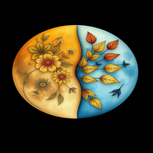 Create a detailed illustration of a moon phase design featuring two faces, one illuminated in warm yellow tones with floral elements and the other in cool blue tones with autumn leaves, set against a deep black background, using a DSLR camera, 50mm lens, f/1.8 aperture, ISO 100, and a soft focus effect to enhance the ethereal quality.