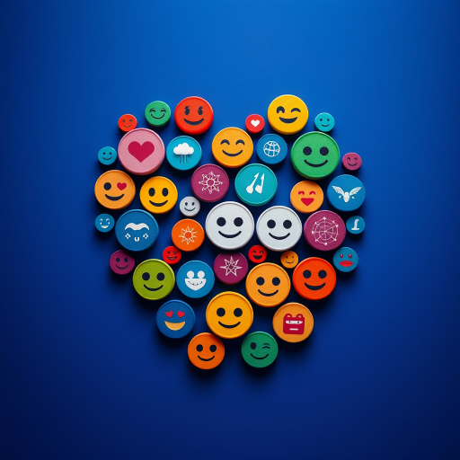 Create an image of a heart shape made up of various colorful circular icons, featuring different emoticons and celestial designs, captured with a DSLR camera, 50mm lens, f/1.8 aperture, ISO 200, 1/250 sec shutter speed, in vibrant colors and high resolution.