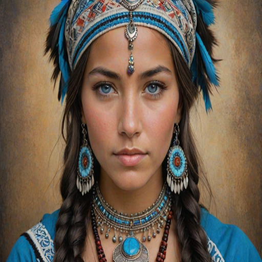 Create a portrait of a beautiful First Nations woman with striking blue eyes and a gentle expression. She is adorned in traditional attire with intricate patterns, including a richly embroidered headscarf and matching garments. Her jewelry includes a delicate headpiece, dangling earrings, and ornate bracelets, all featuring vibrant gemstones and detailed metalwork. The background is soft and warm, enhancing the rich colors of her outfit and jewelry.