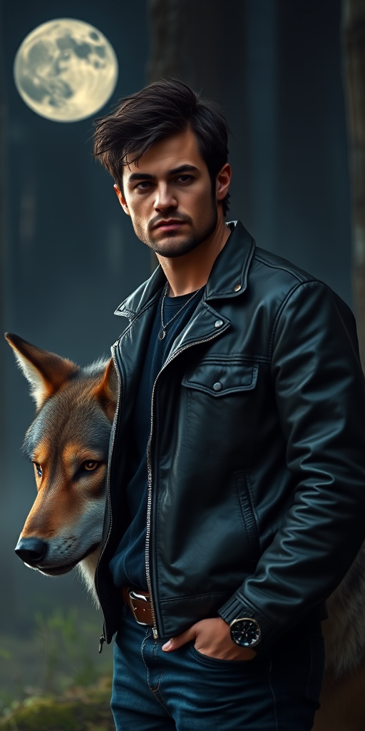 Create an image of a man with tousled dark hair wearing a leather jacket standing confidently with a large wolf beside him in a misty forest setting at night, featuring a full moon in the background; use a DSLR camera with a 50mm lens, aperture set to f/1.8, ISO 200, and a shallow depth of field for a dramatic effect.